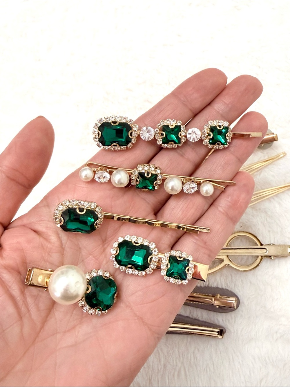 Gold Pearl & Emerald Hair Clip Set
